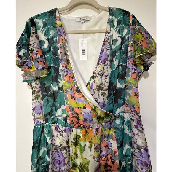 Parker & Rowe Faux Wrap Crystal Youryu Dress Floral Print Size Large NWT Vibrant - Picture 4 of 15